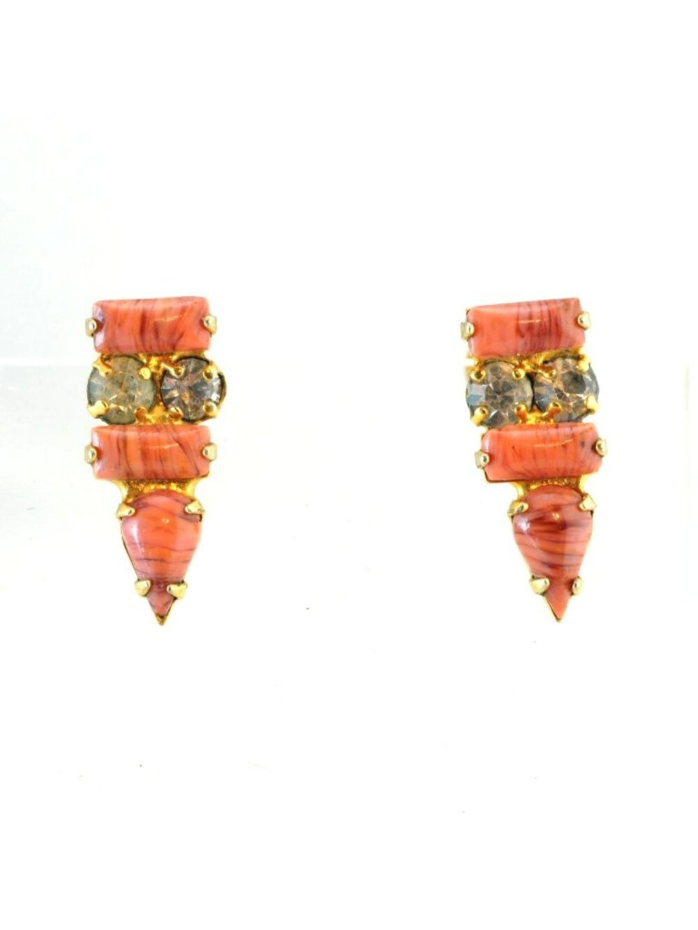 Vintage Coral Orange Beaded Dangle Screwback Earrings Gold Tone Tiered Drop